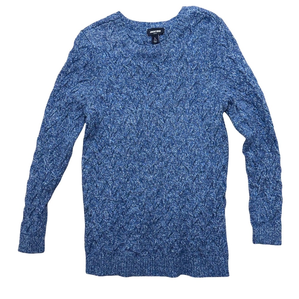 Lands End Drifter Blue Heathered Cable Knit Cotton Crew Neck‎ Sweater Large